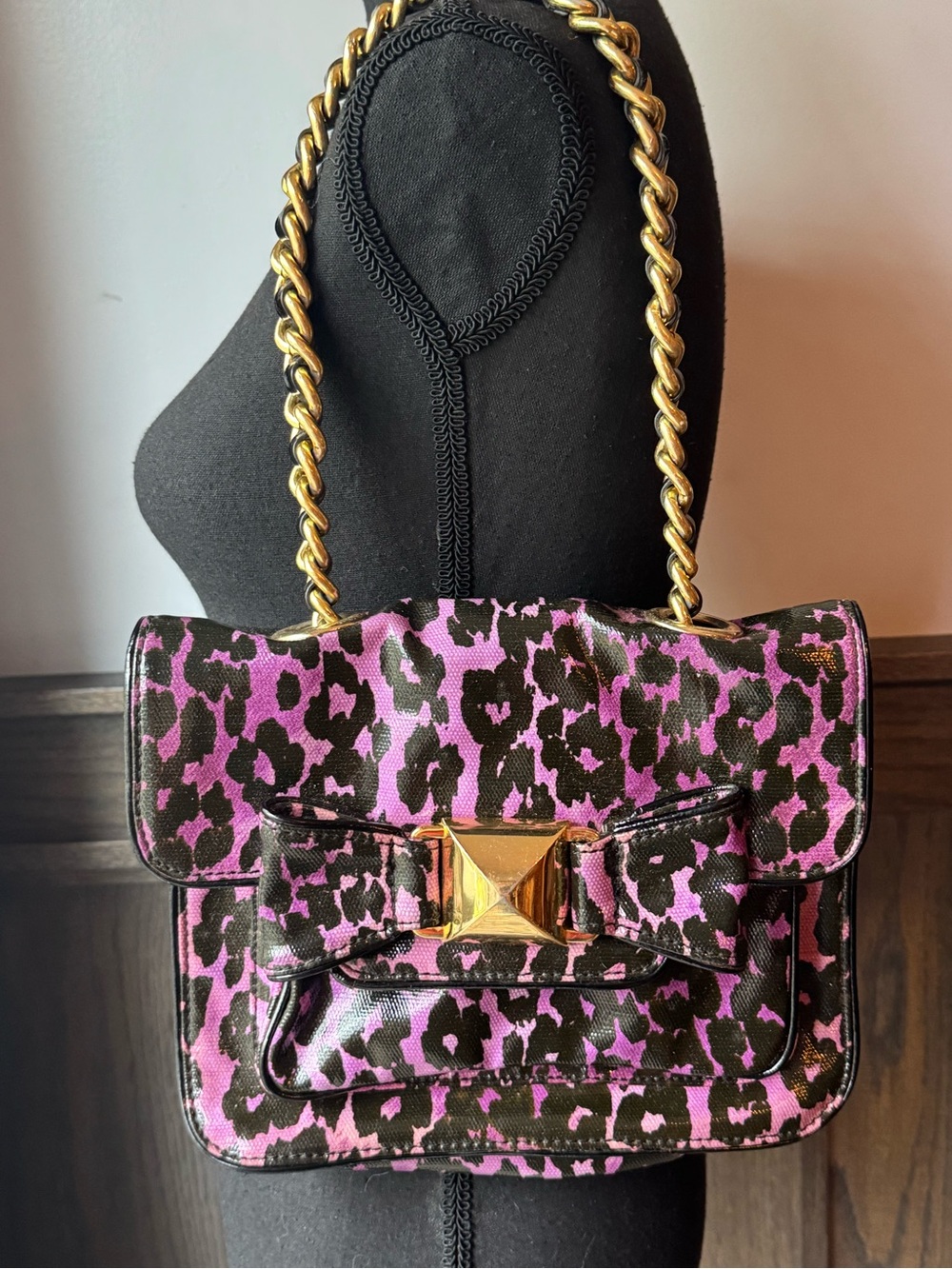 Betsey Johnson Purple and Black Leopard Shoulder Bag with Gold Chain